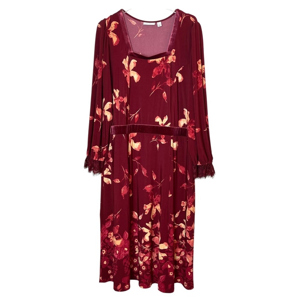 Susan Graver Floral Midi Dress‎ Womens XL Burgundy Velvet Trim Lace Cuff - Picture 2 of 14